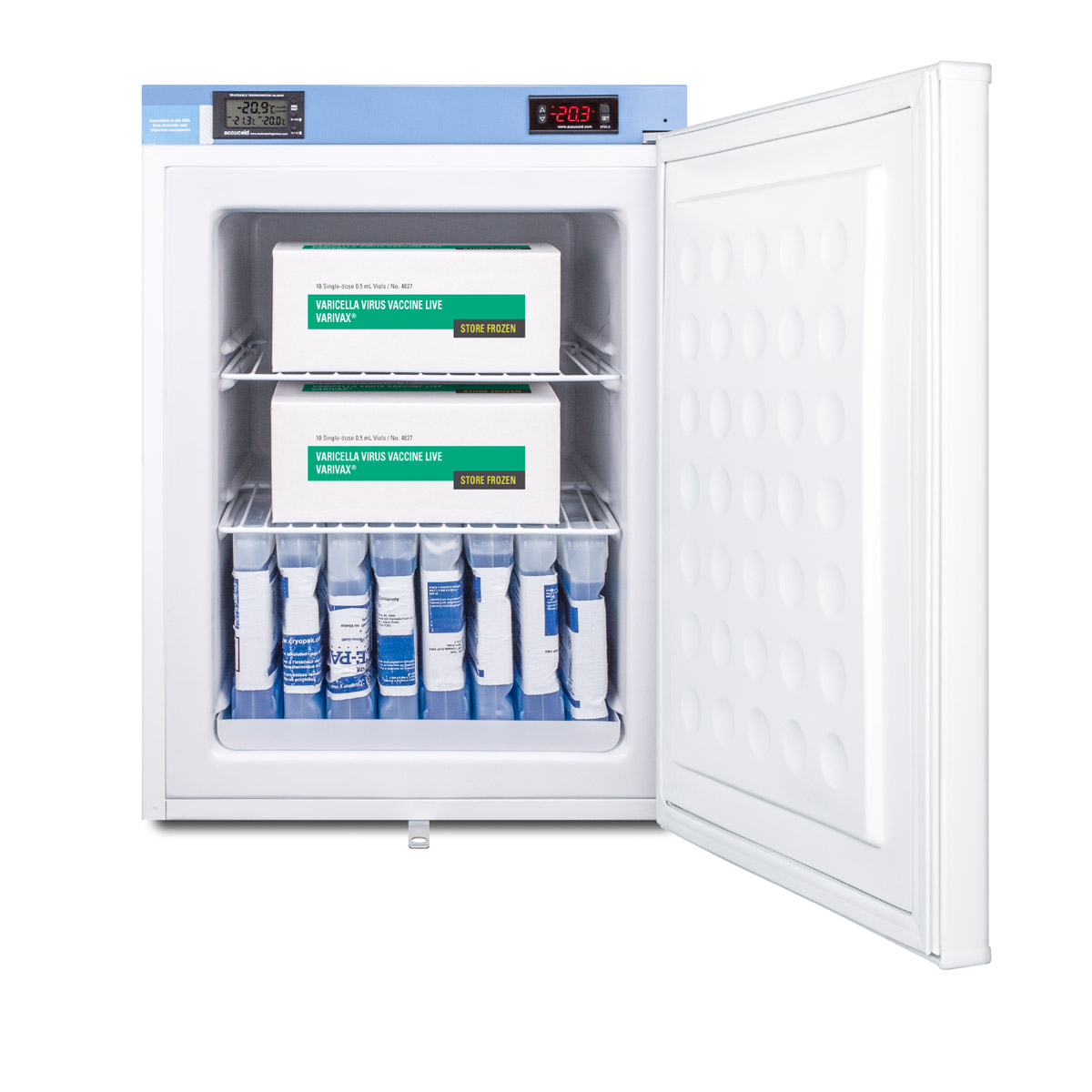 Compact medical/scientific all-freezer with digital thermostat, NIST calibrated thermometer/alarm, and front lock